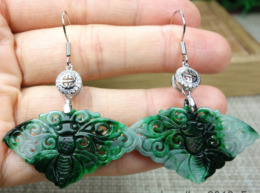 Certified Green Burma 100% Natural A jadeite Jade butterfly Earring silver~蝴蝶耳坠